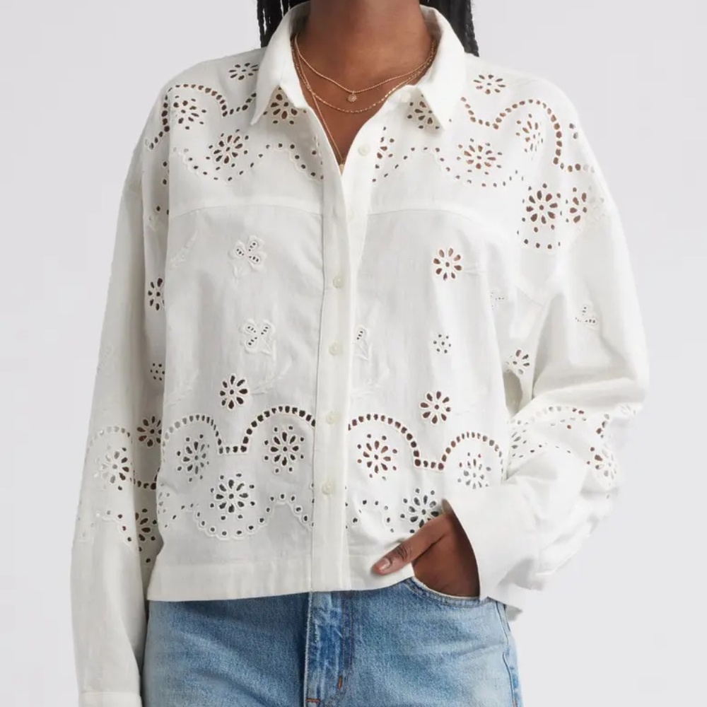Treasure & Bond Eyelet Cotton & Linen Button-Up Shirt